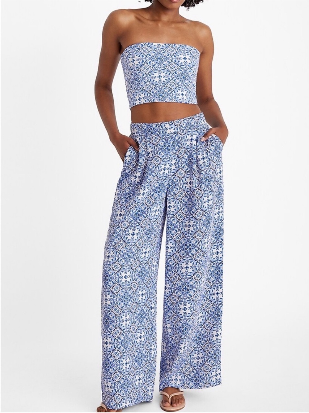Express Blue White Printed Wide-Leg Pants - Women
